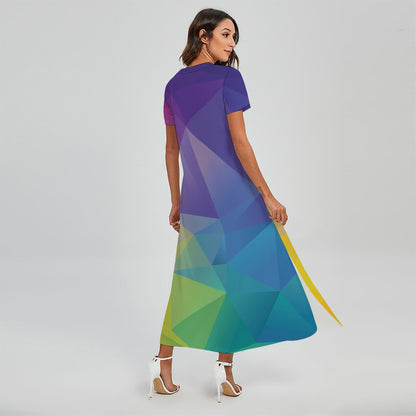 Colorful Polygonal Geometric Print Short Sleeve Maxi Dress