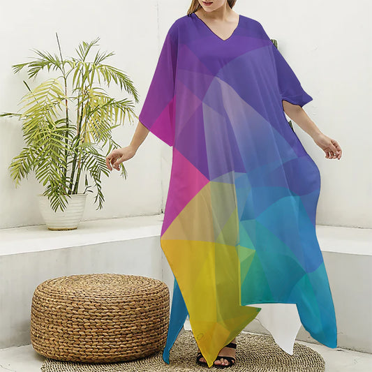 Colorful Polygonal Geometric Print Silk V-Neck Kaftan Dress