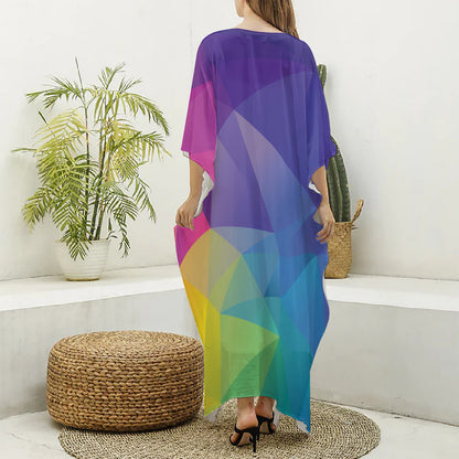 Colorful Polygonal Geometric Print Silk V-Neck Kaftan Dress