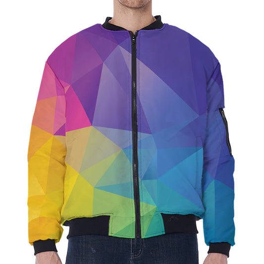 Colorful Polygonal Geometric Print Zip Sleeve Bomber Jacket