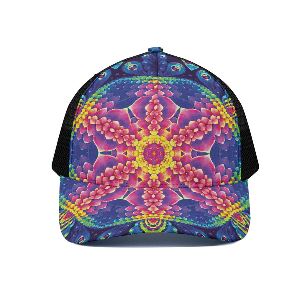Colorful Psychedelic Kaleidoscope Print Black Mesh Trucker Cap