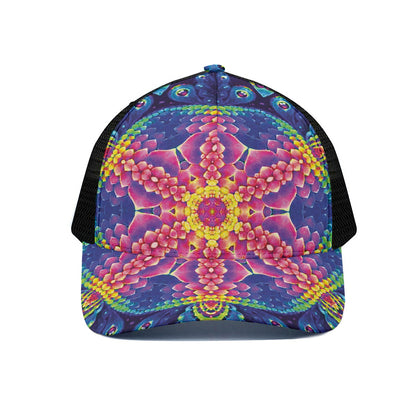 Colorful Psychedelic Kaleidoscope Print Black Mesh Trucker Cap