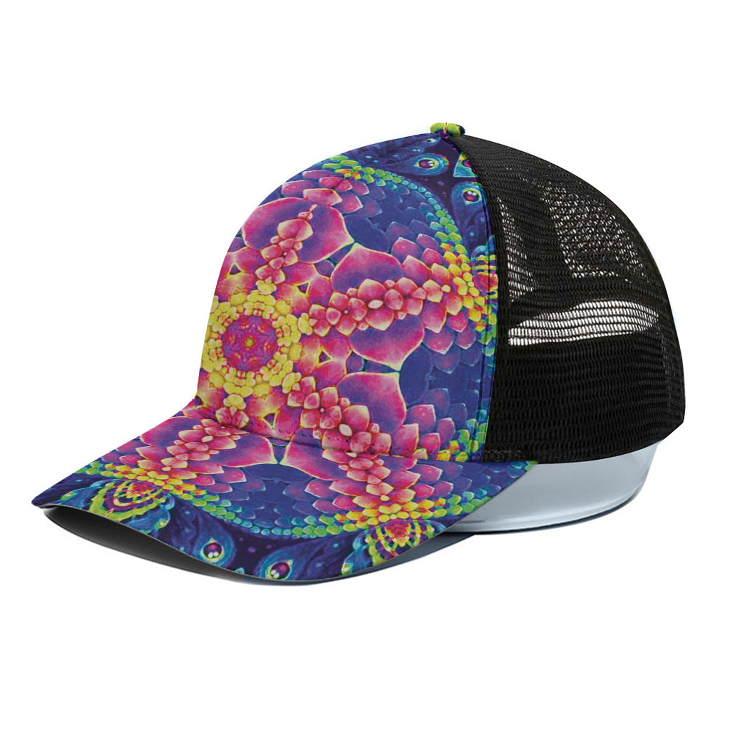 Colorful Psychedelic Kaleidoscope Print Black Mesh Trucker Cap