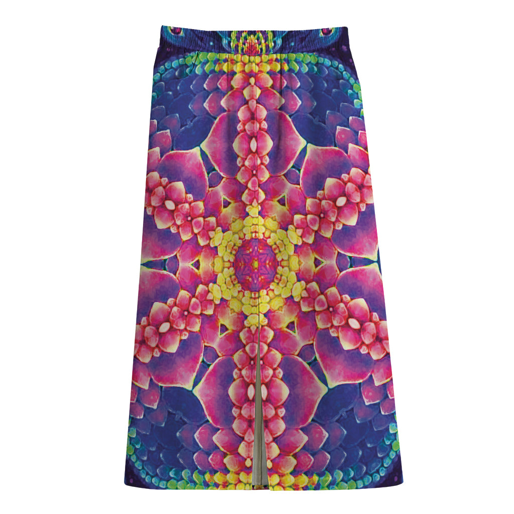 Colorful Psychedelic Kaleidoscope Print Cotton Front Slit Maxi Skirt