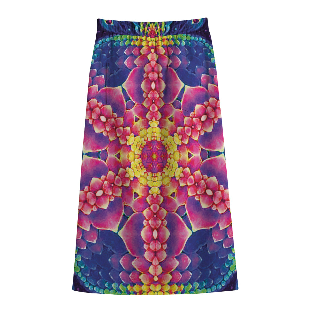 Colorful Psychedelic Kaleidoscope Print Cotton Front Slit Maxi Skirt