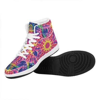 Colorful Psychedelic Kaleidoscope Print High Top Leather Sneakers