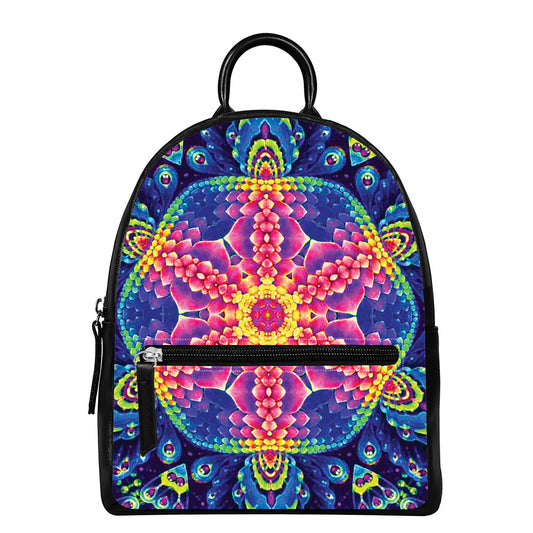 Colorful Psychedelic Kaleidoscope Print Leather Backpack