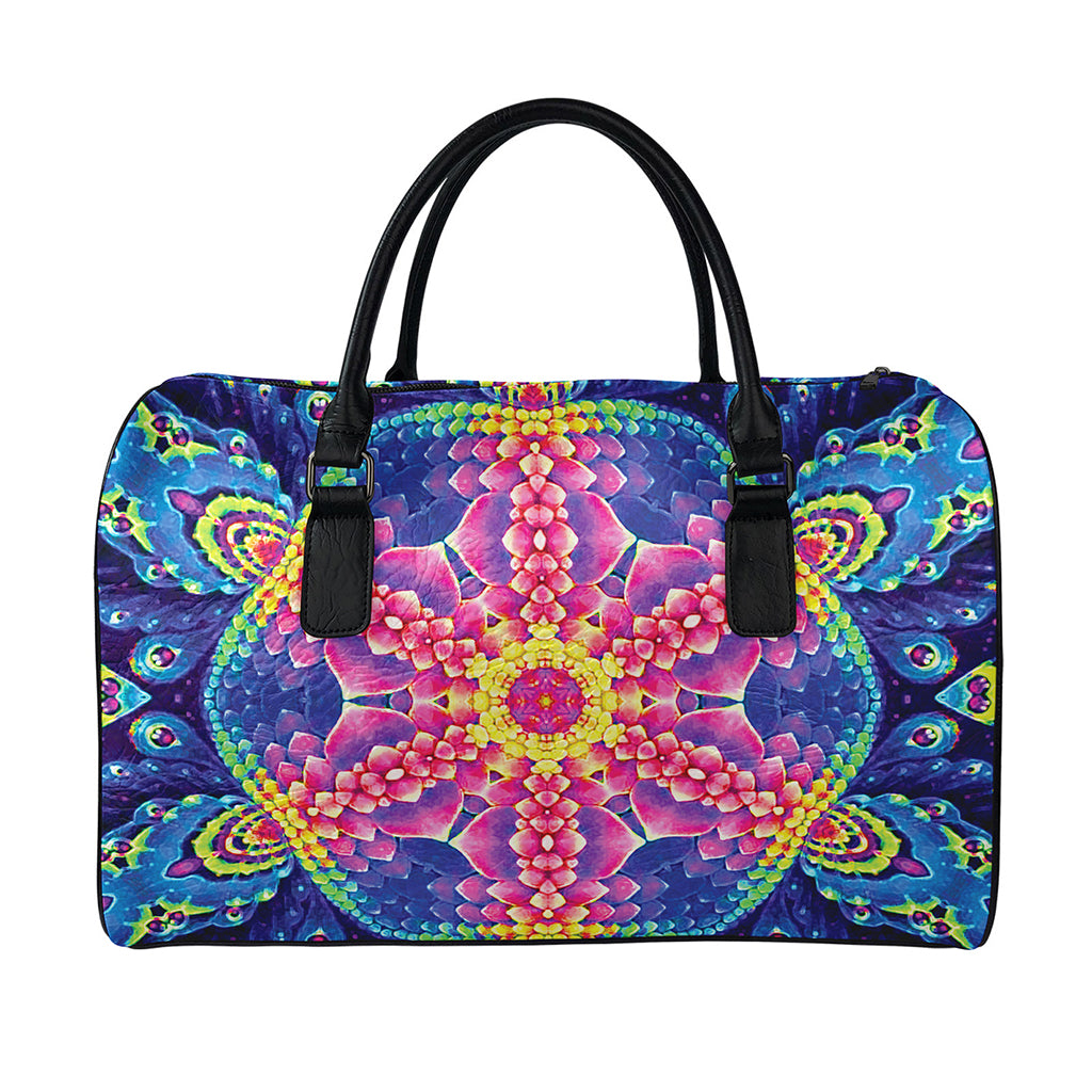 Colorful Psychedelic Kaleidoscope Print Leather Duffle Bag