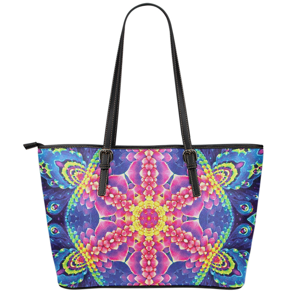 Colorful Psychedelic Kaleidoscope Print Leather Tote Bag