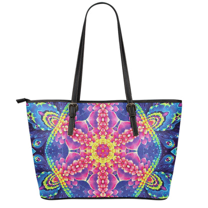 Colorful Psychedelic Kaleidoscope Print Leather Tote Bag