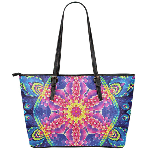 Colorful Psychedelic Kaleidoscope Print Leather Tote Bag