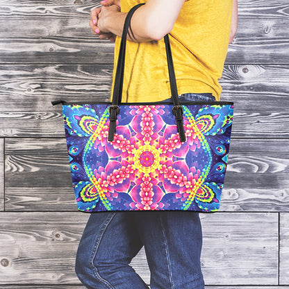 Colorful Psychedelic Kaleidoscope Print Leather Tote Bag