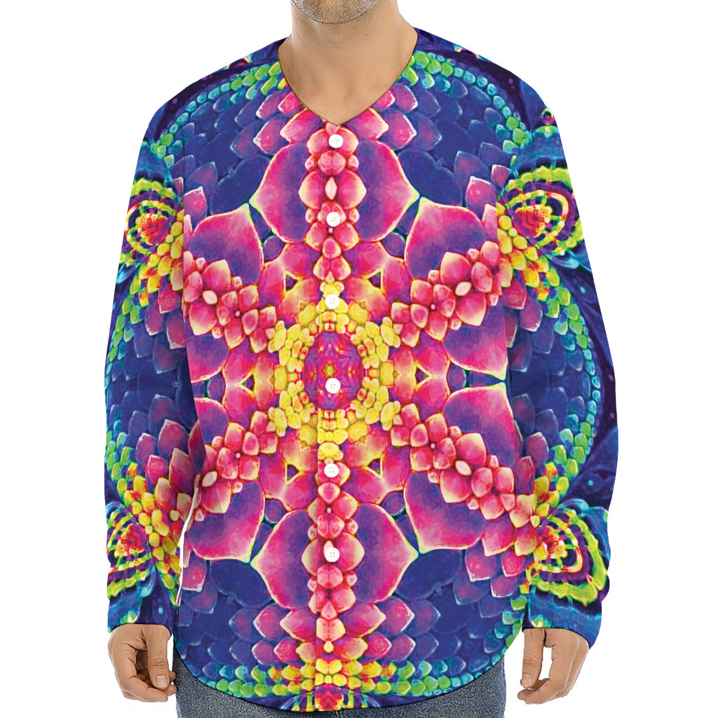 Colorful Psychedelic Kaleidoscope Print Long Sleeve Baseball Jersey