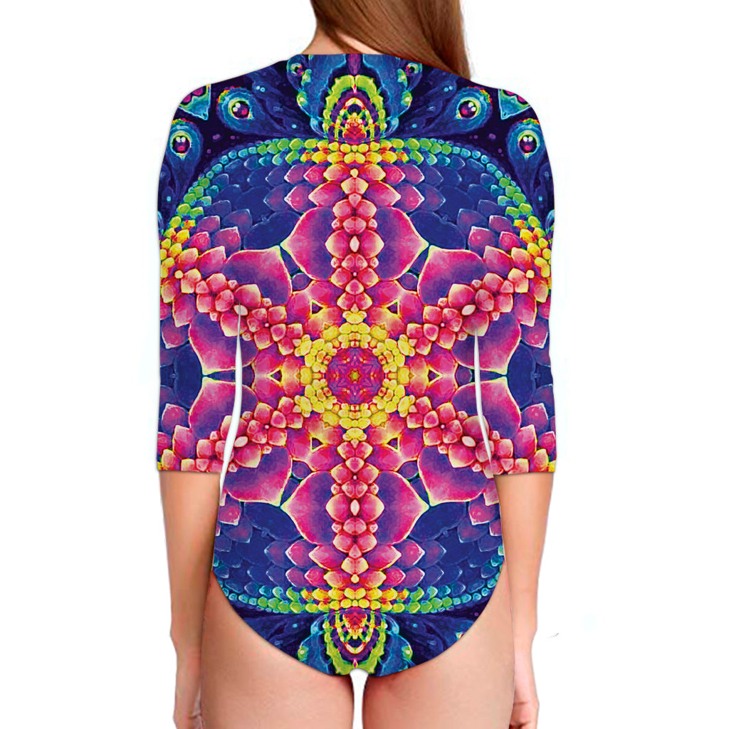 Colorful Psychedelic Kaleidoscope Print Long Sleeve Swimsuit