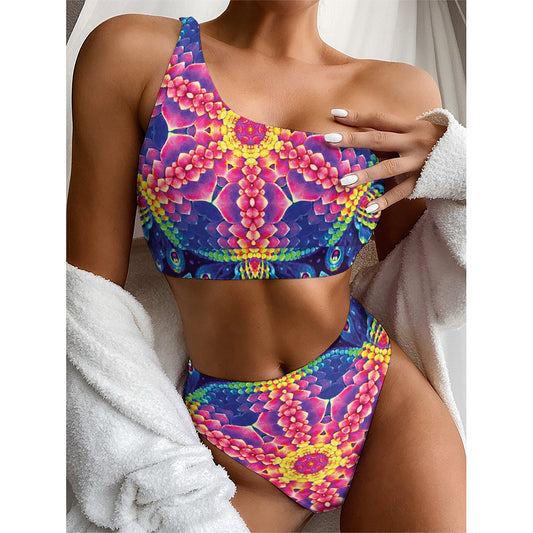 Colorful Psychedelic Kaleidoscope Print One Shoulder Bikini Top