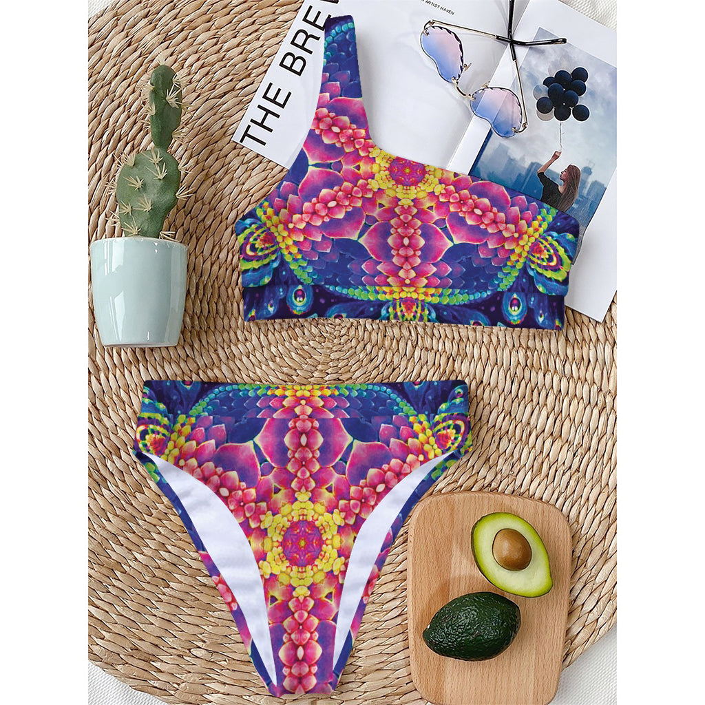 Colorful Psychedelic Kaleidoscope Print One Shoulder Bikini Top