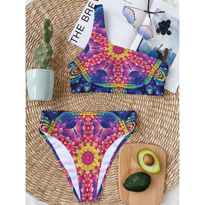 Colorful Psychedelic Kaleidoscope Print One Shoulder Bikini Top