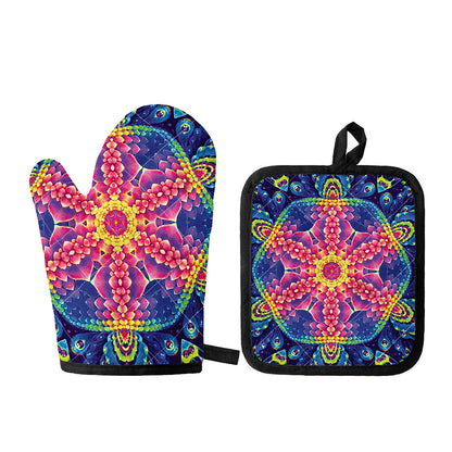 Colorful Psychedelic Kaleidoscope Print Oven Mitt And Pot Holder Set