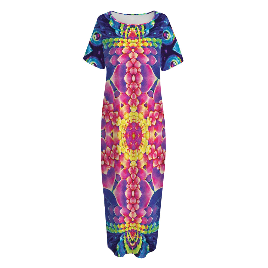 Colorful Psychedelic Kaleidoscope Print Short Sleeve Long Nightdress