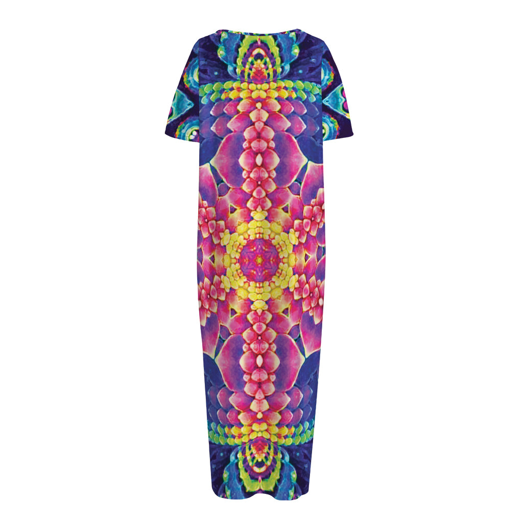 Colorful Psychedelic Kaleidoscope Print Short Sleeve Long Nightdress