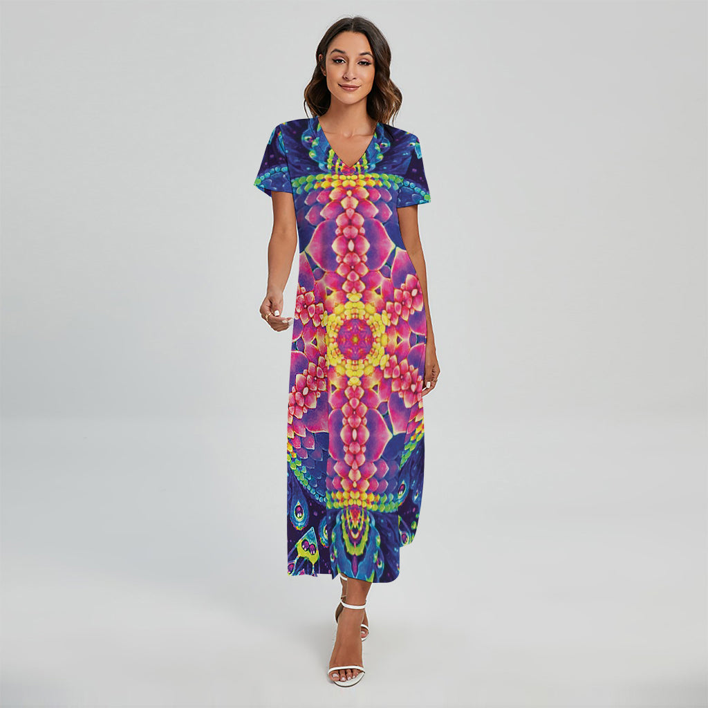 maxi dresses kaleidoscope Colorful Psychedelic Kaleidoscope Print Short Sleeve Maxi Dress – GearFrost