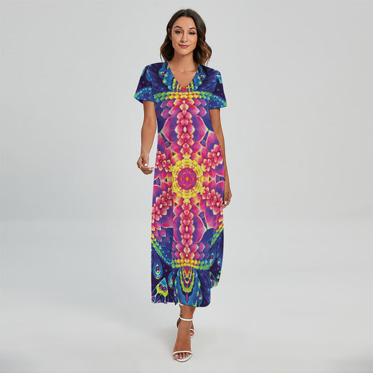 Colorful Psychedelic Kaleidoscope Print Short Sleeve Maxi Dress