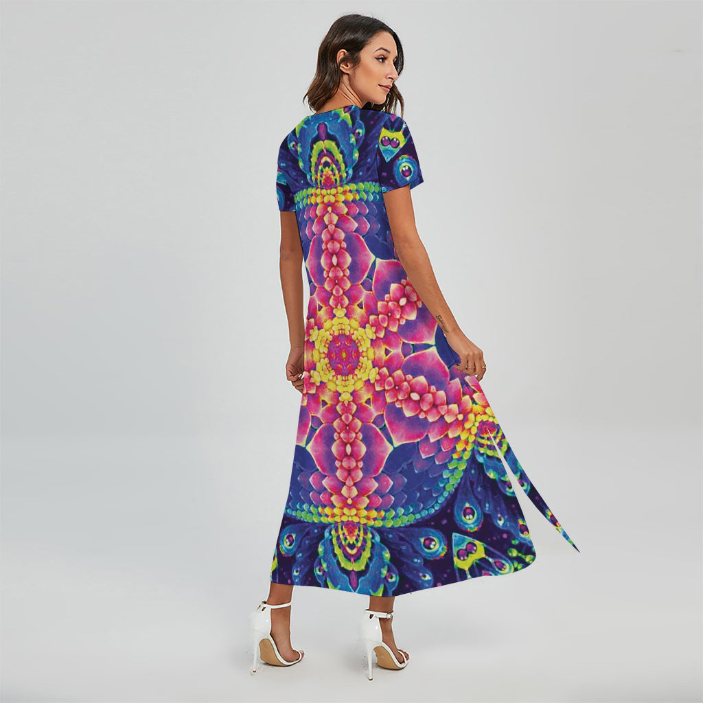 Colorful Psychedelic Kaleidoscope Print Short Sleeve Maxi Dress