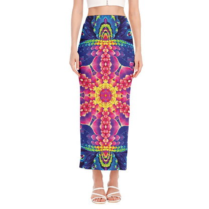 Colorful Psychedelic Kaleidoscope Print Side Slit Maxi Skirt