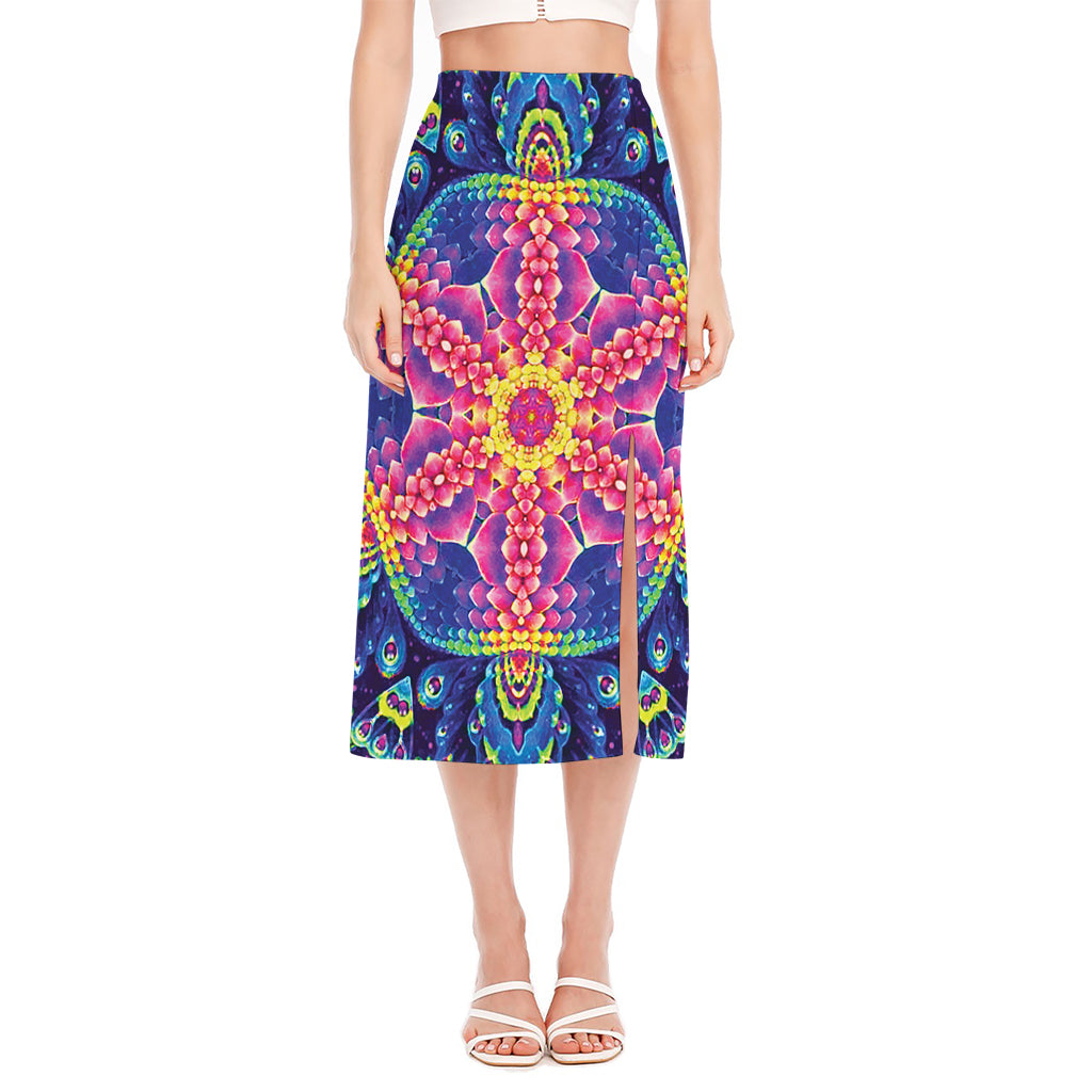 Colorful Psychedelic Kaleidoscope Print Side Slit Midi Skirt