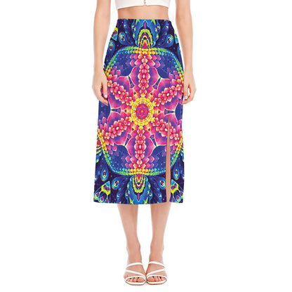 Colorful Psychedelic Kaleidoscope Print Side Slit Midi Skirt