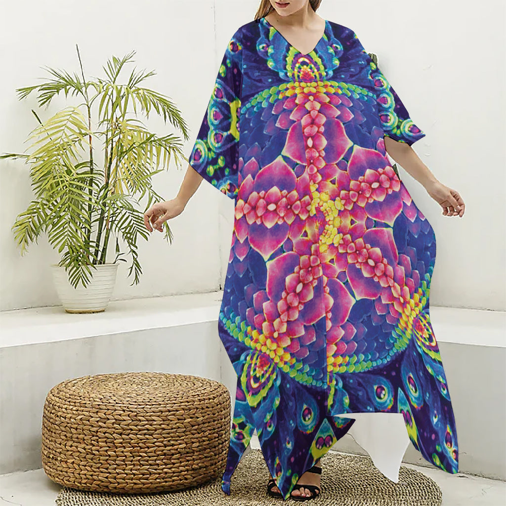Colorful Psychedelic Kaleidoscope Print Silk V-Neck Kaftan Dress