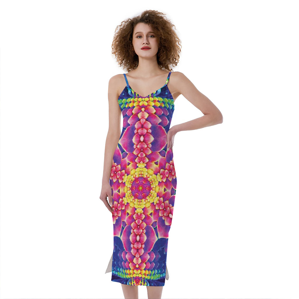Colorful Psychedelic Kaleidoscope Print Slim Fit Midi Cami Dress