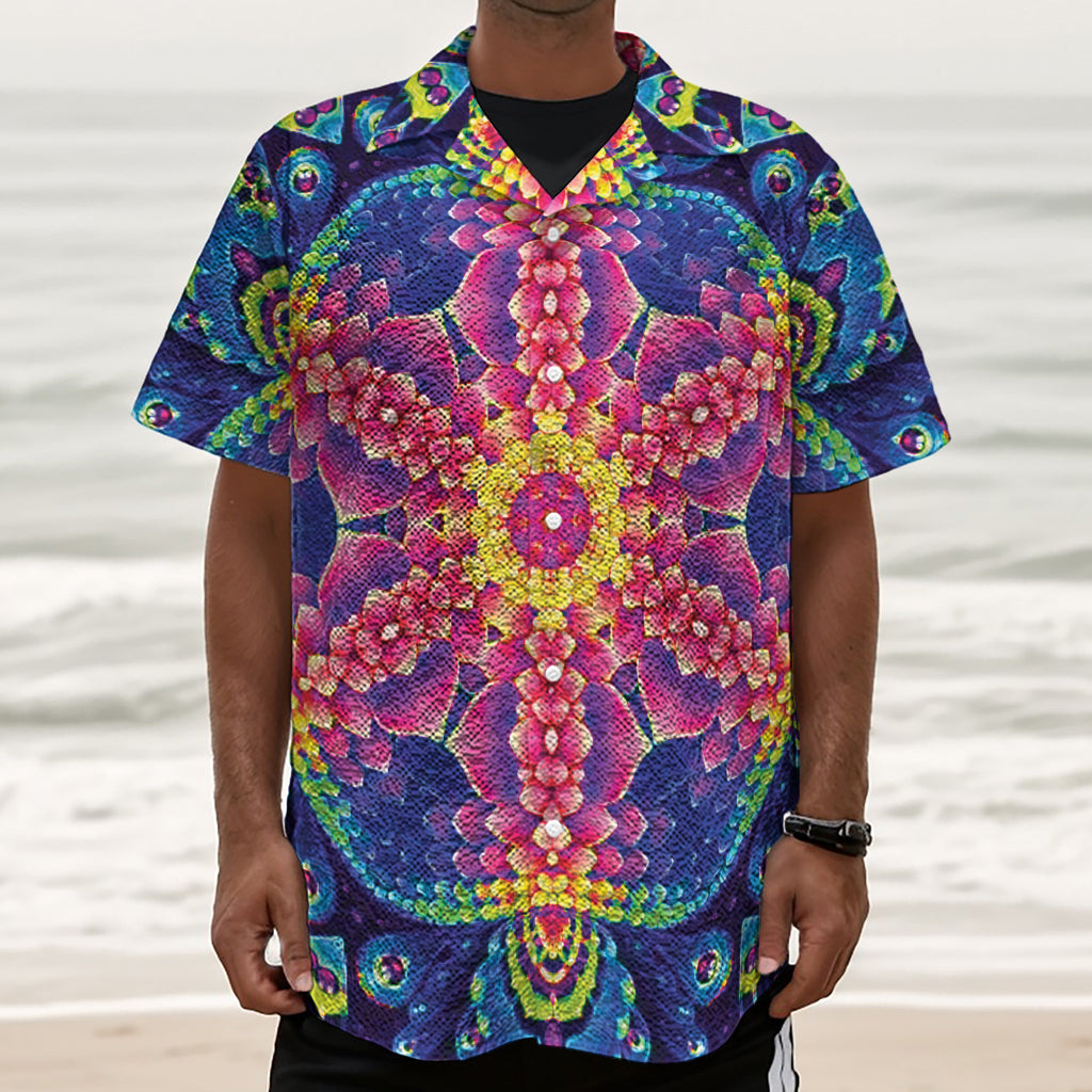Colorful Psychedelic Kaleidoscope Print Textured Short Sleeve Shirt