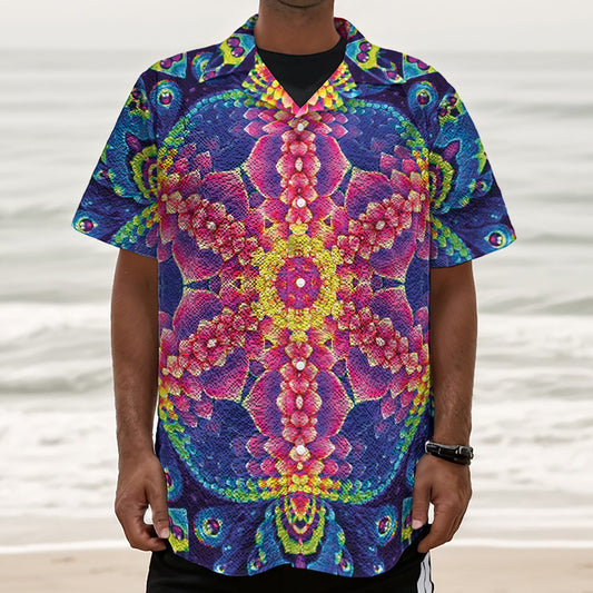 Colorful Psychedelic Kaleidoscope Print Textured Short Sleeve Shirt