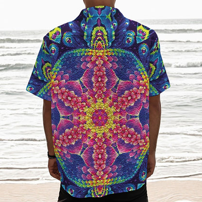 Colorful Psychedelic Kaleidoscope Print Textured Short Sleeve Shirt