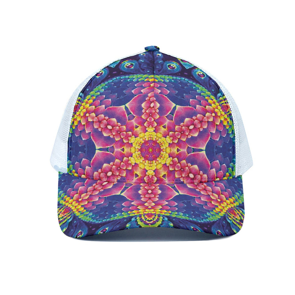 Colorful Psychedelic Kaleidoscope Print White Mesh Trucker Cap