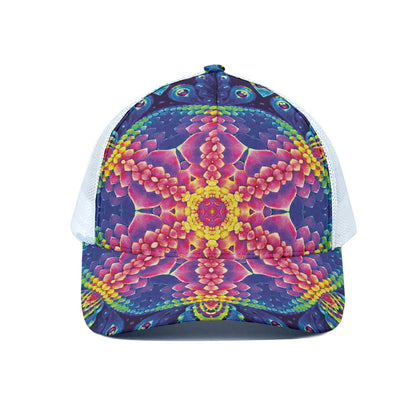 Colorful Psychedelic Kaleidoscope Print White Mesh Trucker Cap
