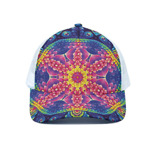 Colorful Psychedelic Kaleidoscope Print White Mesh Trucker Cap