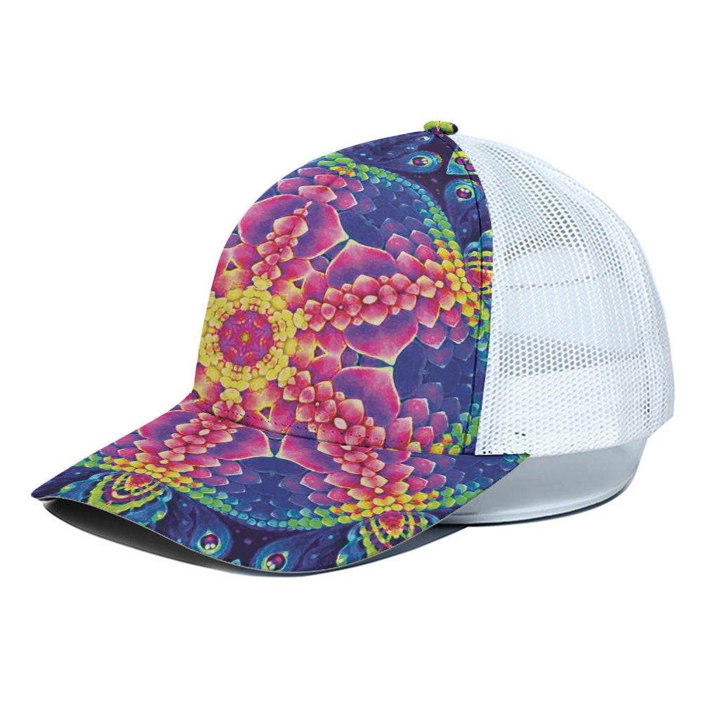 Colorful Psychedelic Kaleidoscope Print White Mesh Trucker Cap