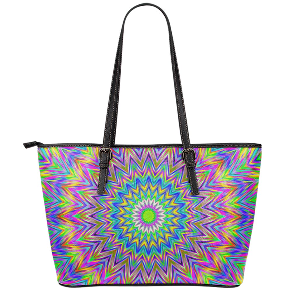 Colorful Psychedelic Optical Illusion Leather Tote Bag