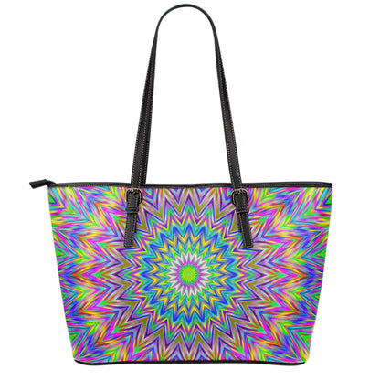 Colorful Psychedelic Optical Illusion Leather Tote Bag