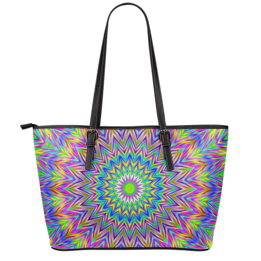 Colorful Psychedelic Optical Illusion Leather Tote Bag