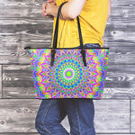 Colorful Psychedelic Optical Illusion Leather Tote Bag