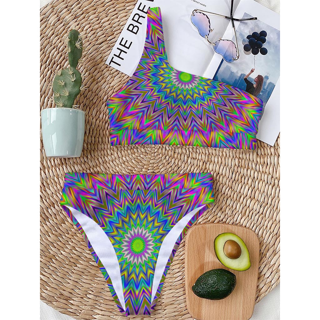 Colorful Psychedelic Optical Illusion One Shoulder Bikini Top