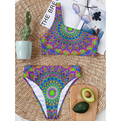 Colorful Psychedelic Optical Illusion One Shoulder Bikini Top