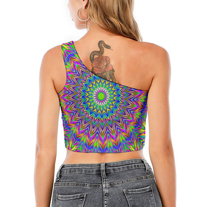 Colorful Psychedelic Optical Illusion One Shoulder Crop Top