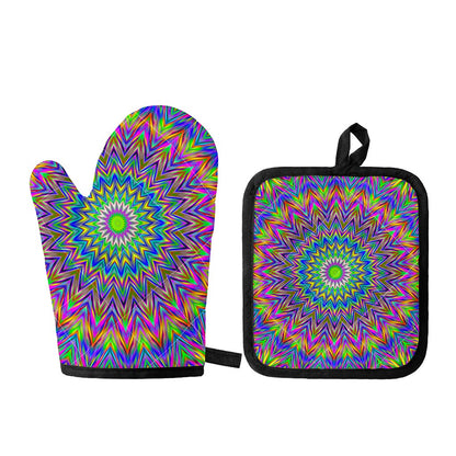 Colorful Psychedelic Optical Illusion Oven Mitt And Pot Holder Set