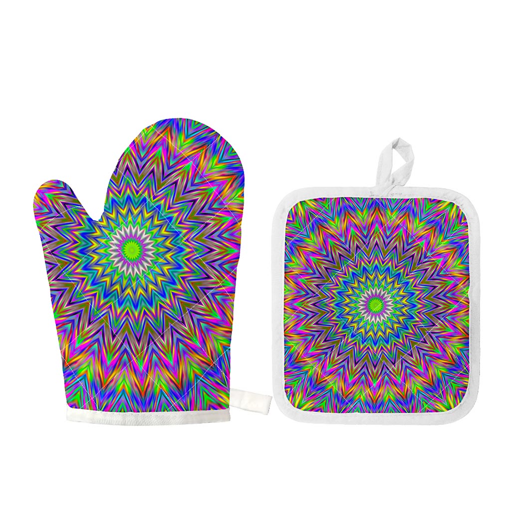 Colorful Psychedelic Optical Illusion Oven Mitt And Pot Holder Set