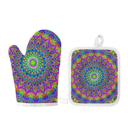 Colorful Psychedelic Optical Illusion Oven Mitt And Pot Holder Set