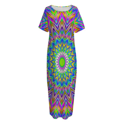 Colorful Psychedelic Optical Illusion Short Sleeve Long Nightdress